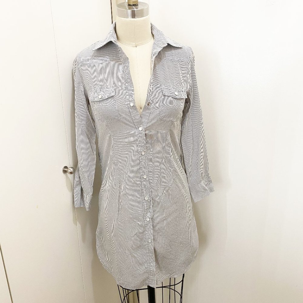 SALE 🔥2/$20🔥 Costa Blanca Long Cotton Stripe Button Shirt Dress S White Grey